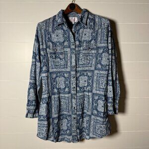 Panhandle Long Shirt with Belt Hoops & Side Pockets Blue Bandana Style Sz Large